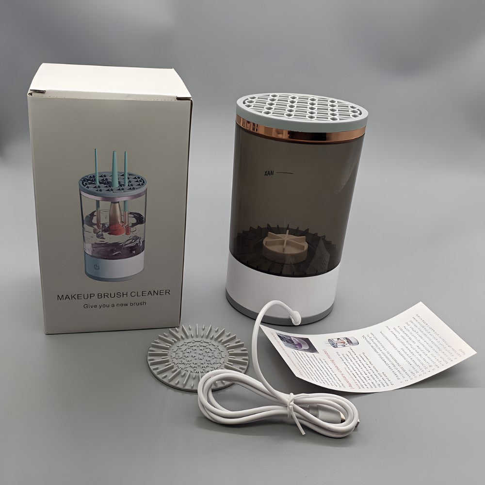 Dispozitiv Electric pentru Curatarea Pensulelor de Machiaj, Tehnologie cu Vibratii Sonice si Rotatii 7000 RPM, Alimentare USB, Alb/Negru, 9x9x16 cm