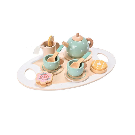 Set de Ceai Afternoon Tea pentru Copii, Joc de Rol din Lemn Natural cu Tava si Accesorii, Vopsea pe Baza de Apa, 15 Piese, Multicolor Pastel, +3 Ani