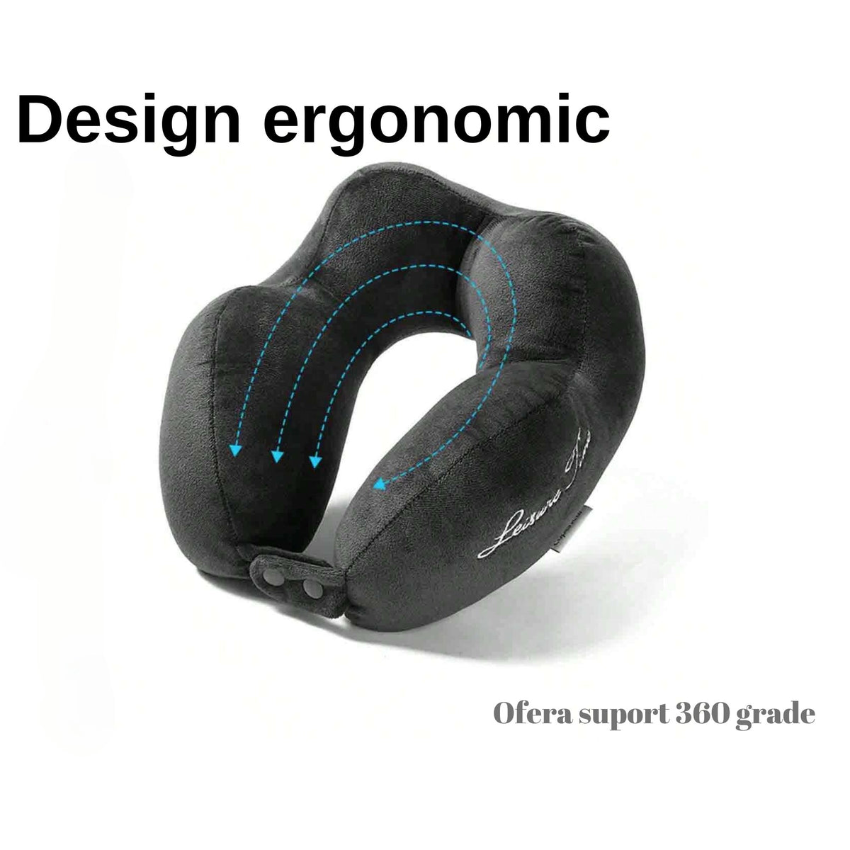 Perna de Calatorie pentru Gat, Design Ergonomic cu 4 Cocoase, Suport Cervical Ajustabil si Sistem Prindere cu Capse, Bumbac, 28x28x10 cm, Gri