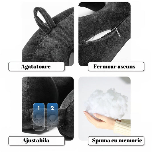 Perna Calatorie Pentru Gat, Suport Cervical Ergonomic cu 4 Cocoase si Design 3D, Sistem Ajustabil cu Capse, Bumbac, 28 x 28 x 10 cm, Maro