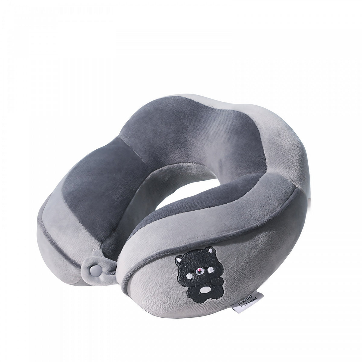 Perna de Calatorie pentru Gat si Cap, Suport Ergonomic cu Sistem de Prindere si Capse, Umplutura Bumbac, Model Brodat Urs, 28x28x10 cm, Gri