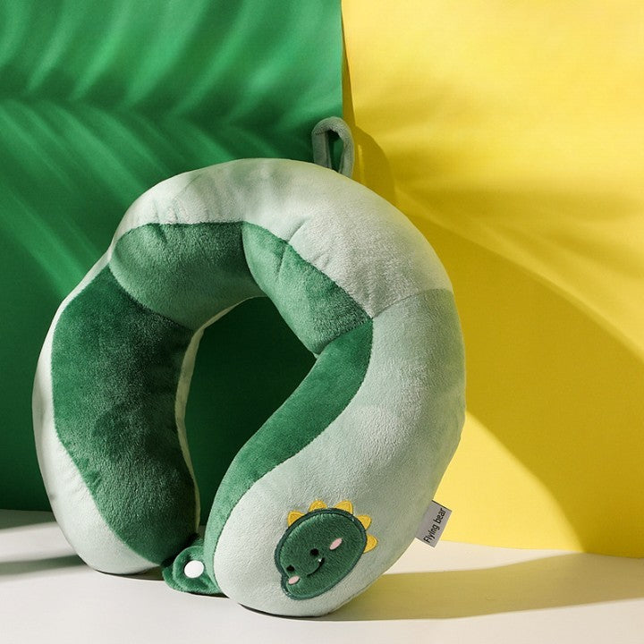 Perna de Calatorie pentru Gat si Cap, Suport Ergonomic cu Sistem de Prindere prin Capse, Umplutura Bumbac, Model Dinozaur Brodat, Verde, 28x28x10 cm