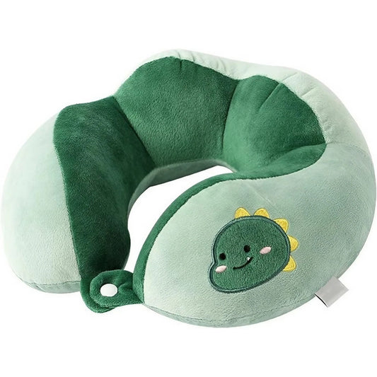 Perna de Calatorie pentru Gat si Cap, Suport Ergonomic cu Sistem de Prindere prin Capse, Umplutura Bumbac, Model Dinozaur Brodat, Verde, 28x28x10 cm