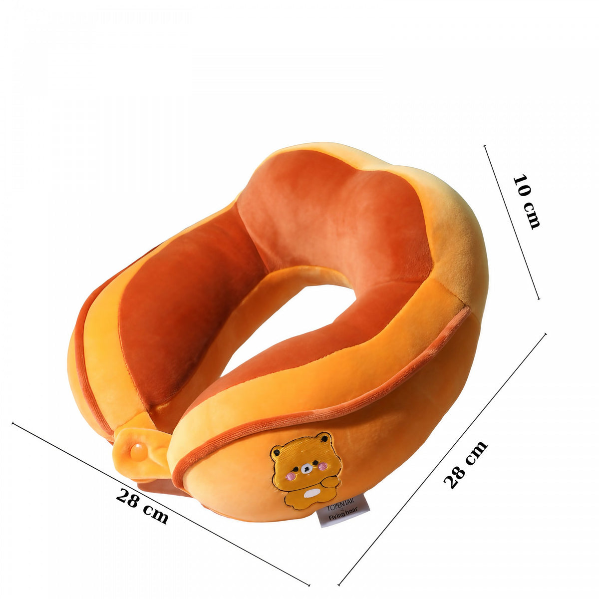 Perna de Calatorie pentru Gat si Cap, Suport Cervical cu Sistem de Prindere si Capse, Umplutura din Bumbac, Model Brodat Urs, 28x28x10 cm, Portocaliu