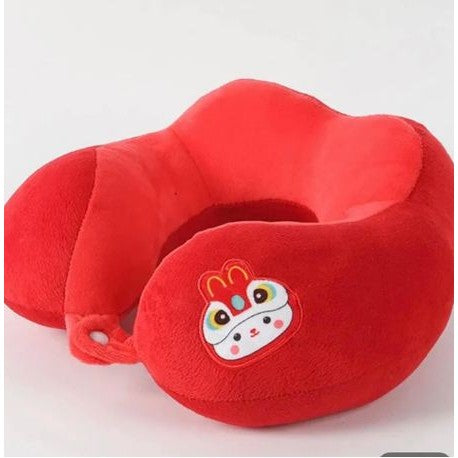 Perna De Calatorie Pentru Gat Si Cap, Suport Ergonomic Cu Sistem De Prindere Cu Capse, Umplutura Bumbac, Model Brodat Iepure, 28x28x10 cm, Rosu