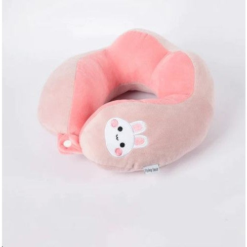 Perna de Calatorie pentru Gat si Cap, Suport Cervical cu Prindere prin Capse, Model Brodat Iepure, Umplutura Bumbac, 28x28x10 cm, Roz