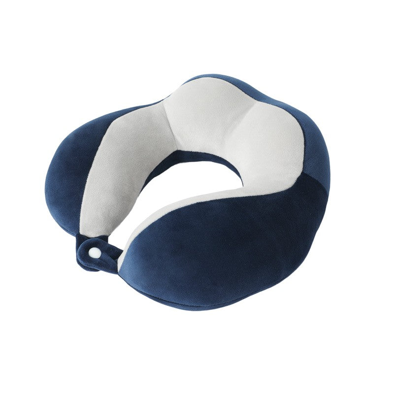 Pernă de Voiaj pentru Gât, Design Ergonomic cu 4 Secțiuni, Suport Cervical Auto și Avion, Material Bumbac, Sistem Prindere Capse, 28 x 28 x 10 cm, Albastru