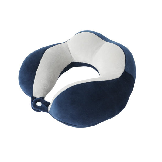 Pernă de Voiaj pentru Gât, Design Ergonomic cu 4 Secțiuni, Suport Cervical Auto și Avion, Material Bumbac, Sistem Prindere Capse, 28 x 28 x 10 cm, Albastru