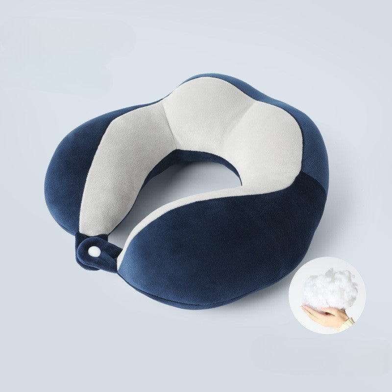 Pernă de Voiaj pentru Gât, Design Ergonomic cu 4 Secțiuni, Suport Cervical Auto și Avion, Material Bumbac, Sistem Prindere Capse, 28 x 28 x 10 cm, Albastru