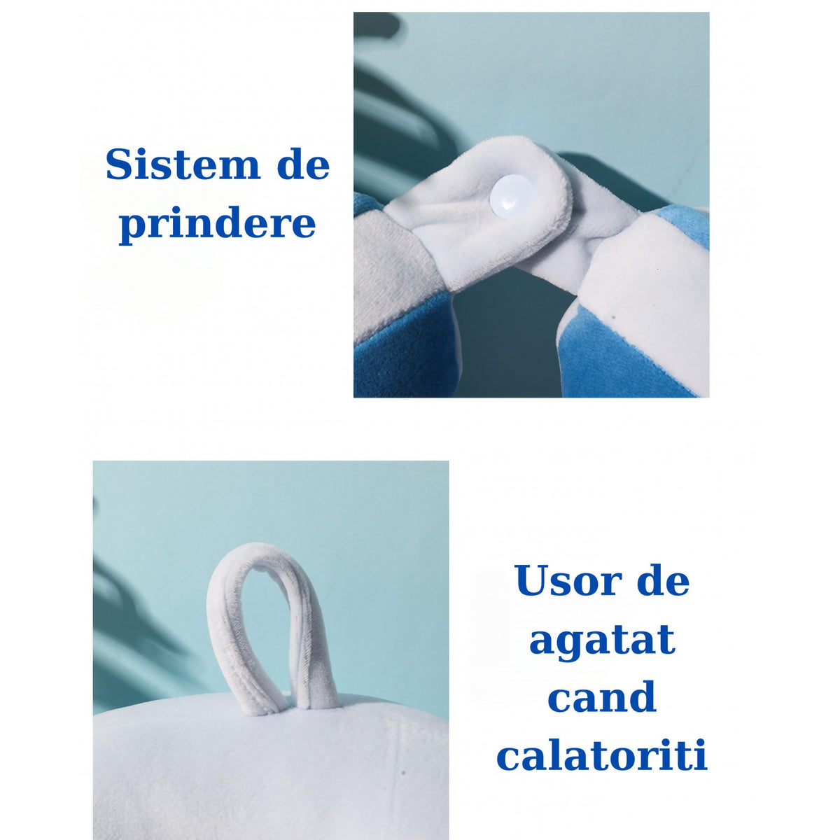 Perna de Calatorie pentru Gat si Cap, Suport Ergonomic cu Sistem de Prindere cu Capse, Model Brodat Delfin, Umplutura Bumbac, 28x28x10 cm, Albastru