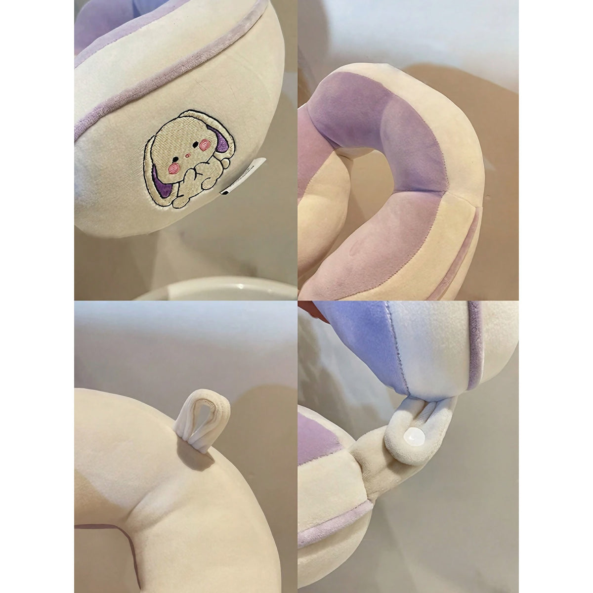 Perna de Calatorie pentru Gat si Cap, Suport Ergonomic cu Sistem de Prindere cu Capse, Umplutura din Bumbac, Model Brodat Iepure, 28x28x10 cm, Lila