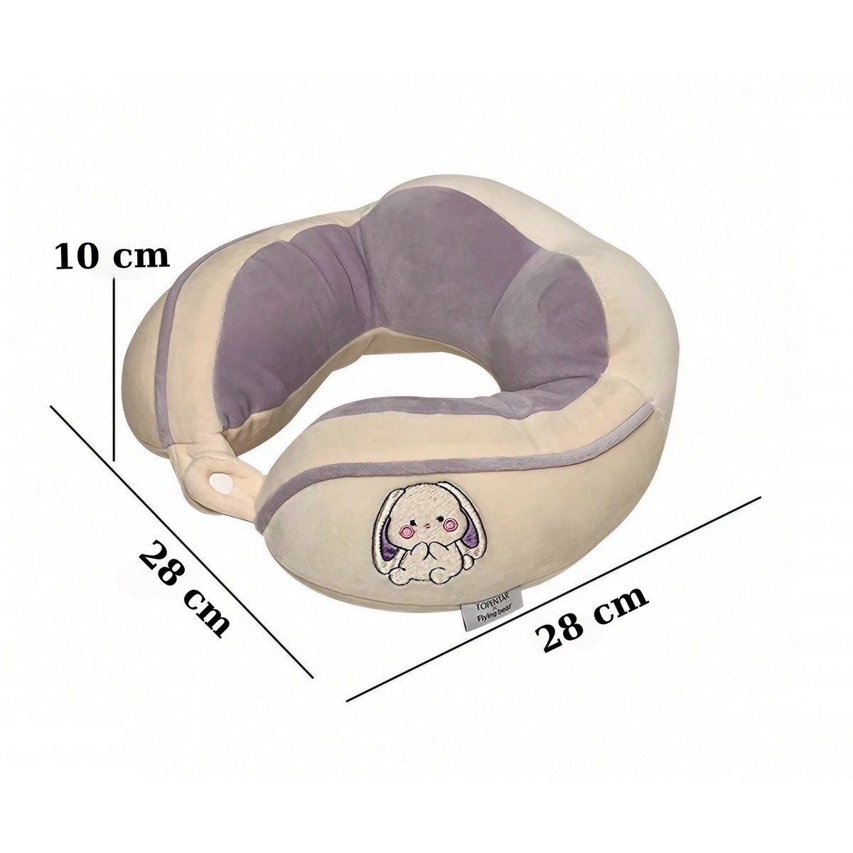 Perna de Calatorie pentru Gat si Cap, Suport Ergonomic cu Sistem de Prindere cu Capse, Umplutura din Bumbac, Model Brodat Iepure, 28x28x10 cm, Lila