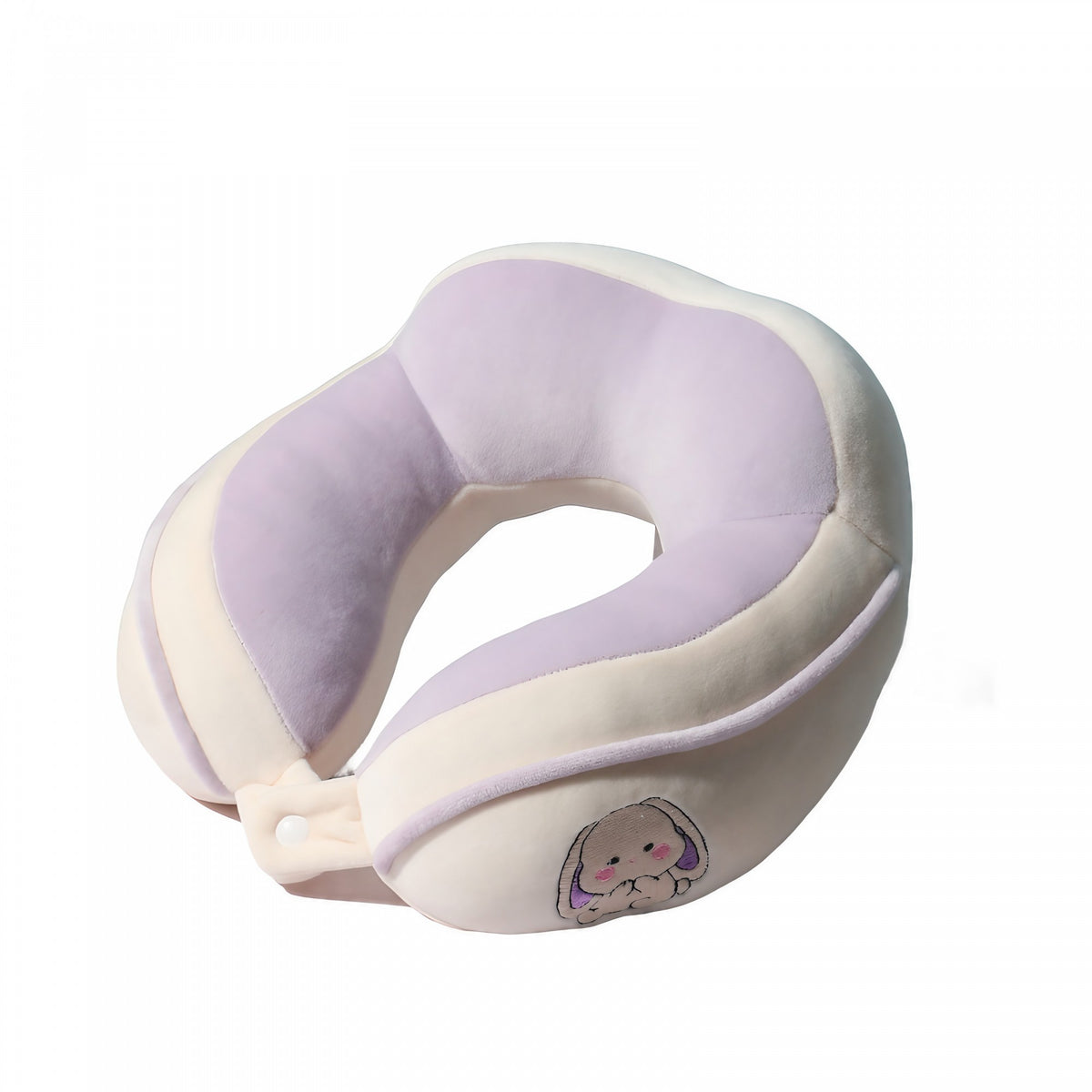 Perna de Calatorie pentru Gat si Cap, Suport Ergonomic cu Sistem de Prindere cu Capse, Umplutura din Bumbac, Model Brodat Iepure, 28x28x10 cm, Lila
