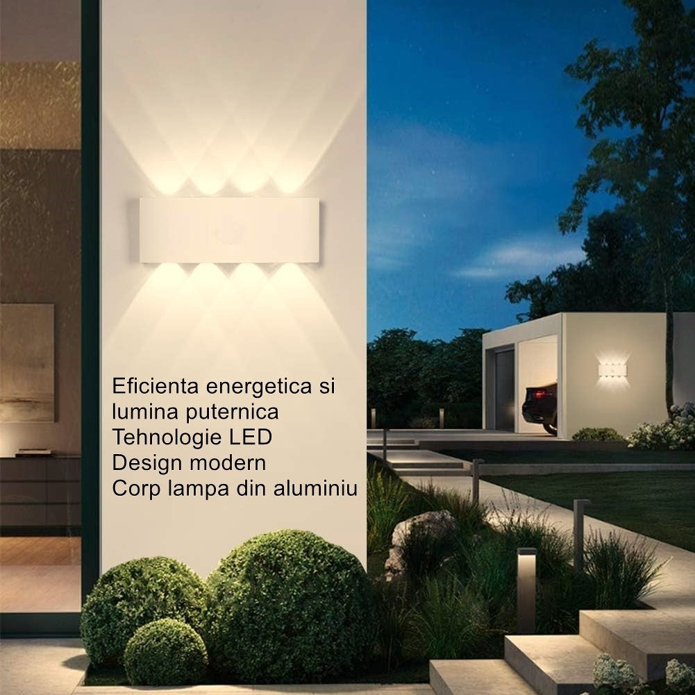 Aplica LED Perete Interior si Exterior, Protectie IP65 Rezistenta la Apa, Alimentare Solara 8 W, Lumina Calda, Corp Aluminiu, 22x8 cm, Alb