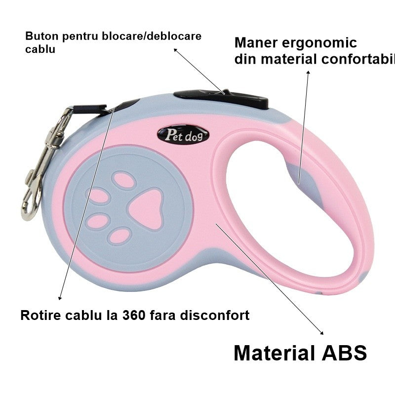 Lesa Automata Retractabila pentru Caini, Mecanism de Blocare si Control, Nylon si Carcasa ABS Rezistenta, Max 20 kg, 5 m, Roz/Gri