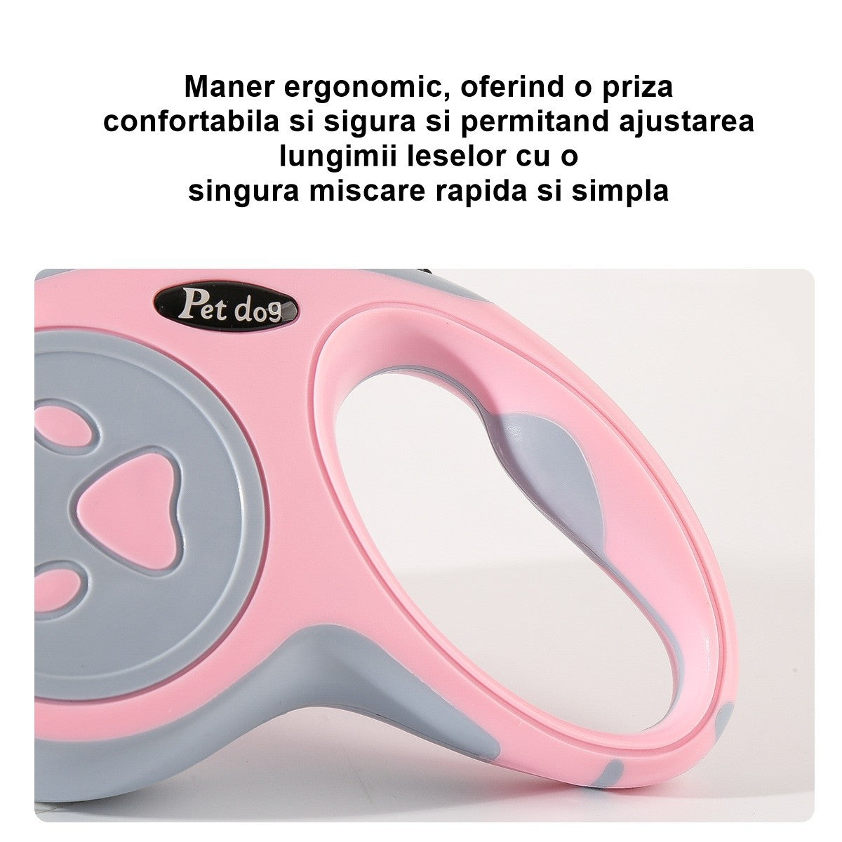 Lesa Automata Retractabila pentru Caini, Mecanism de Blocare si Control, Nylon si Carcasa ABS Rezistenta, Max 20 kg, 5 m, Roz/Gri
