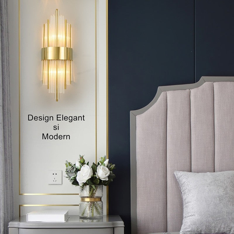 Aplica de Perete Interior, Lampa LED Decorativa, Otel Inoxidabil si Sticla, Design Modern, 40 x 16 cm, Auriu