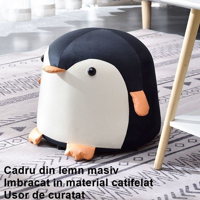 Taburet Pentru Copii In Forma De Pinguin, Scaunel Cu Perna Din Burete Elastica, Maner Transport, Cadru Lemn Masiv, Negru, 25 x 29 x 29 cm