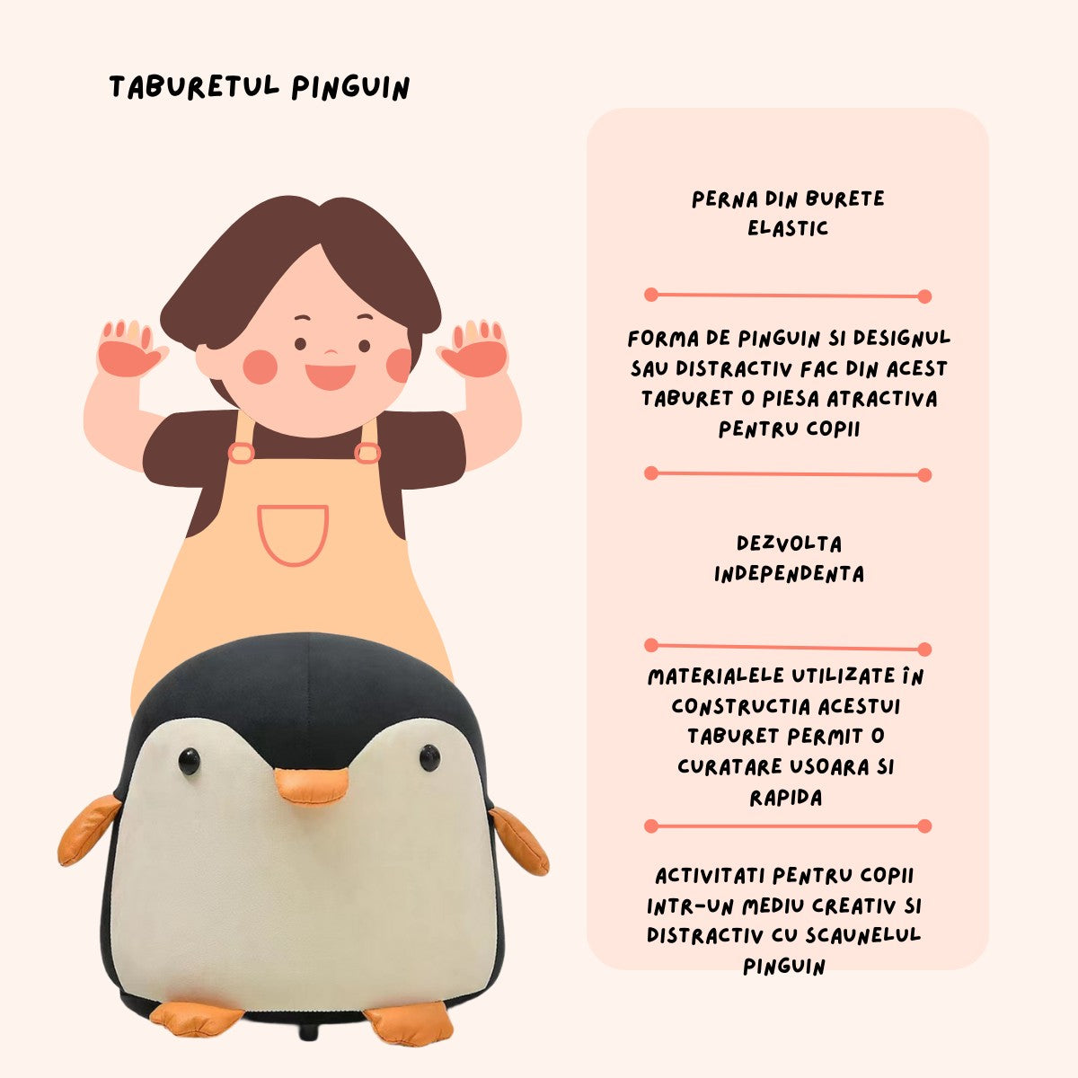 Taburet Pentru Copii In Forma De Pinguin, Scaunel Cu Perna Din Burete Elastica, Maner Transport, Cadru Lemn Masiv, Negru, 25 x 29 x 29 cm