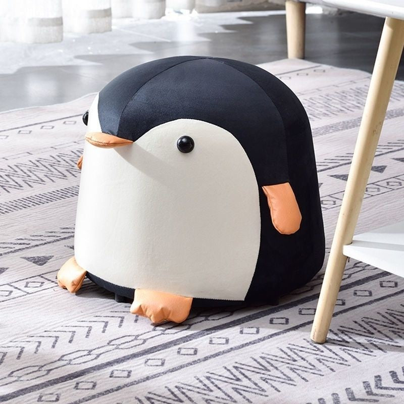 Taburet Pentru Copii In Forma De Pinguin, Scaunel Cu Perna Din Burete Elastica, Maner Transport, Cadru Lemn Masiv, Negru, 25 x 29 x 29 cm