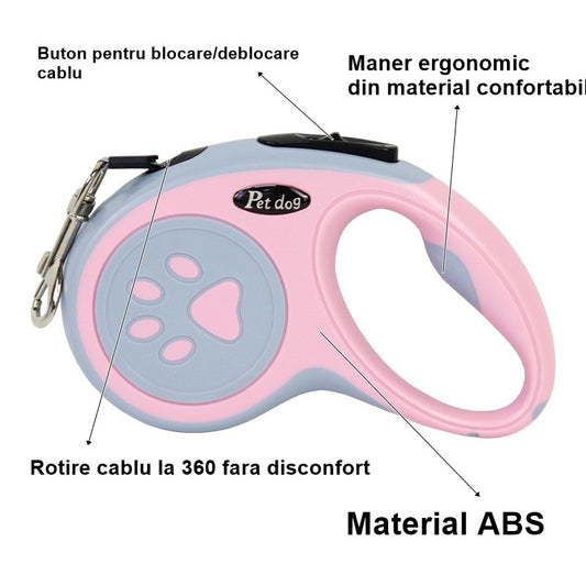 Lesa Automata Retractabila pentru Caini, Mecanism de Blocare, Maner Ergonomic, ABS si Nylon, Pana la 20 kg, 3 m, Roz/Gri