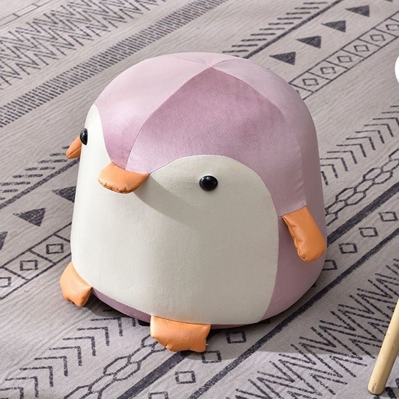 Taburet Copii in Forma de Pinguin, Scaunel cu Cadru din Lemn Masiv si Perna din Burete Elastic, Maner Transport, Roz, 25 x 29 x 29 cm