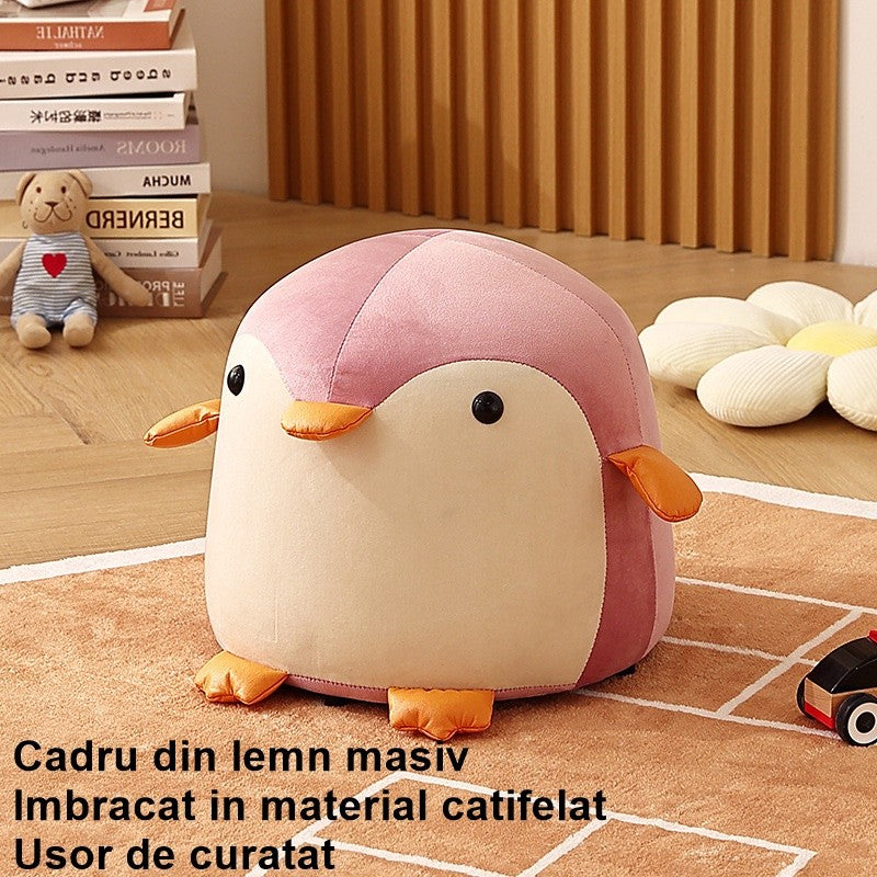 Taburet Copii in Forma de Pinguin, Scaunel cu Cadru din Lemn Masiv si Perna din Burete Elastic, Maner Transport, Roz, 25 x 29 x 29 cm