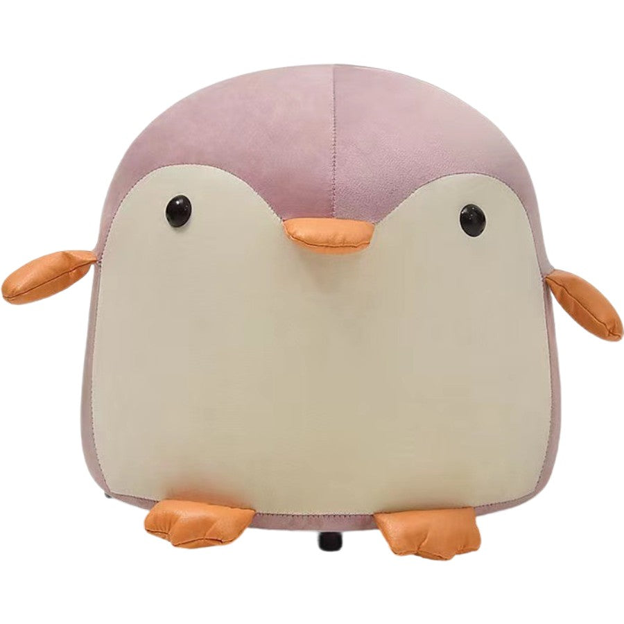 Taburet Copii in Forma de Pinguin, Scaunel cu Cadru din Lemn Masiv si Perna din Burete Elastic, Maner Transport, Roz, 25 x 29 x 29 cm