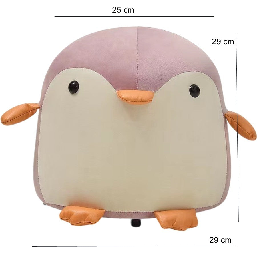 Taburet Copii in Forma de Pinguin, Scaunel cu Cadru din Lemn Masiv si Perna din Burete Elastic, Maner Transport, Roz, 25 x 29 x 29 cm