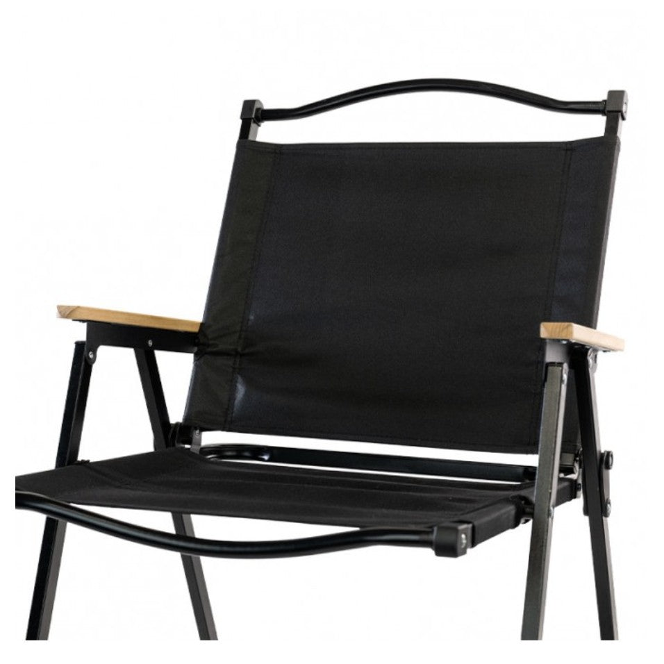 Scaun Camping Pliabil, Cadru Aluminiu cu Cotiere din Lemn, Sezut Panza Confortabil, 52 x 53 x 80 cm, Negru