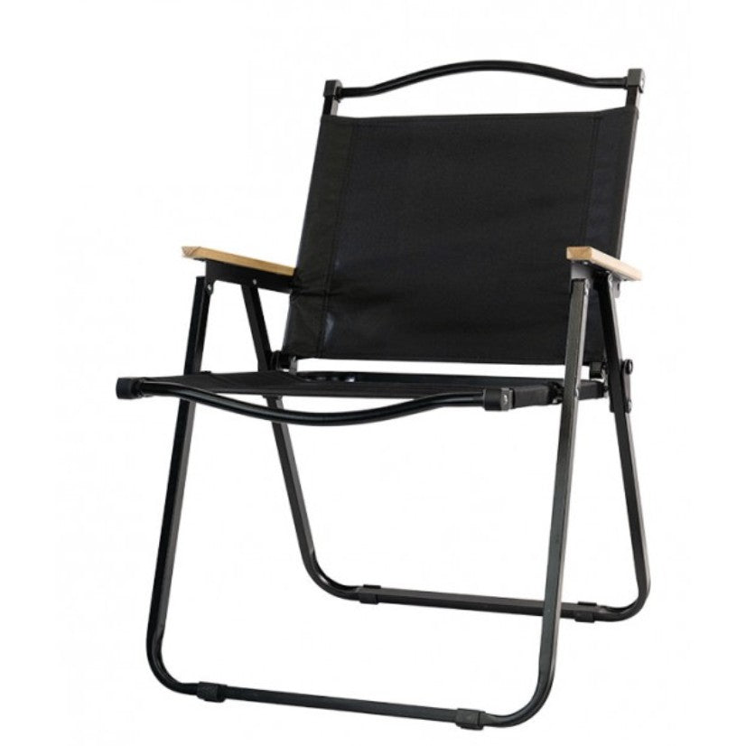 Scaun Camping Pliabil, Cadru Aluminiu cu Cotiere din Lemn, Sezut Panza Confortabil, 52 x 53 x 80 cm, Negru