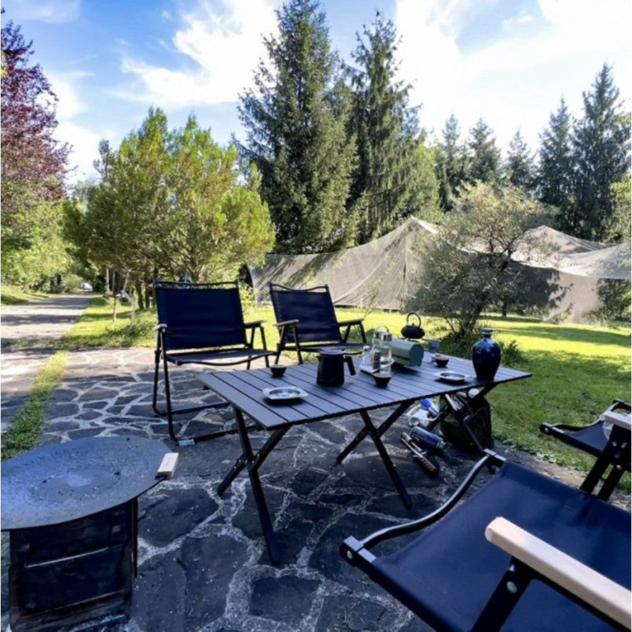 Masa Camping Pliabila, Masa Portabila pentru Picnic si Exterior, Cadru Aluminiu cu 3 Perechi de Picioare, Blat PVC, 120x60x43 cm, Negru