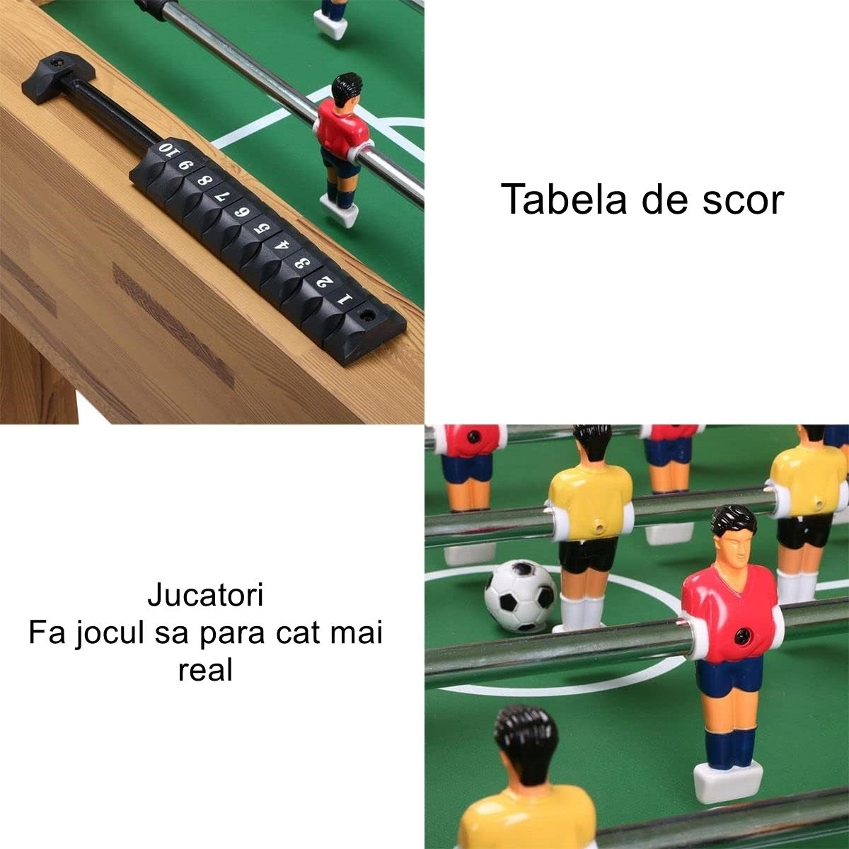 Masa de Fotbal Profesionala cu Picioare, Teren de Joc cu 18 Jucatori si 6 Manere din Cauciuc, Contor Scor Inclus, Structura din Lemn si Metal, 120 x 61.5 x 81 cm