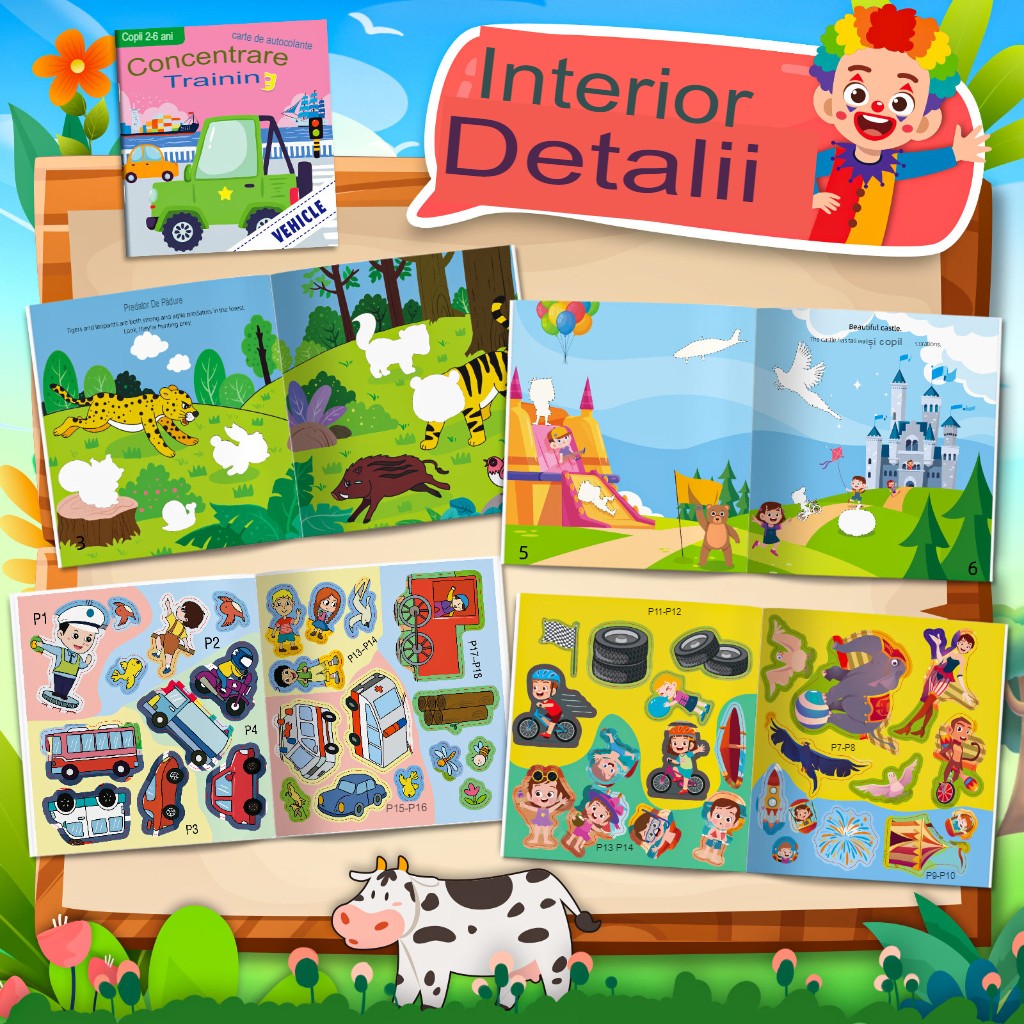 Set 3 Carti Educative cu Stickere Repozitionabile, Activitati Montessori de Invatare timpurie, Carton Impermeabil cu Velcro, Modele Ferma si Masini, 14.5 x 15.6 cm, 2-6 ani