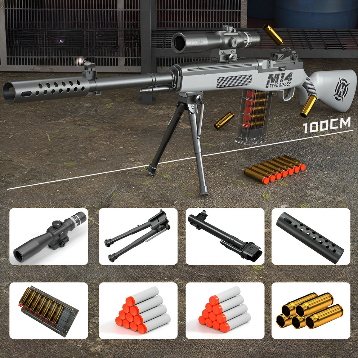 Pusca de Jucarie M14, Sniper cu Luneta si Incarcare Manuala, Replică Militară din Plastic, 100 cm, 20 Proiectile Spuma, 5 Cartuse, 8 ani+, Gri