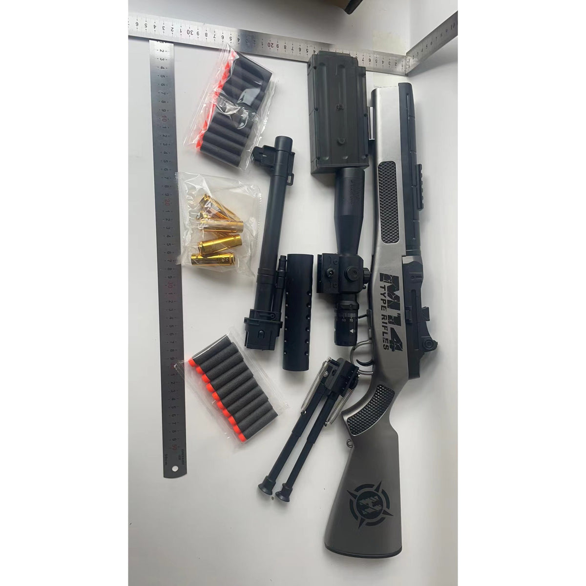 Pusca de Jucarie M14, Sniper cu Luneta si Incarcare Manuala, Replică Militară din Plastic, 100 cm, 20 Proiectile Spuma, 5 Cartuse, 8 ani+, Gri