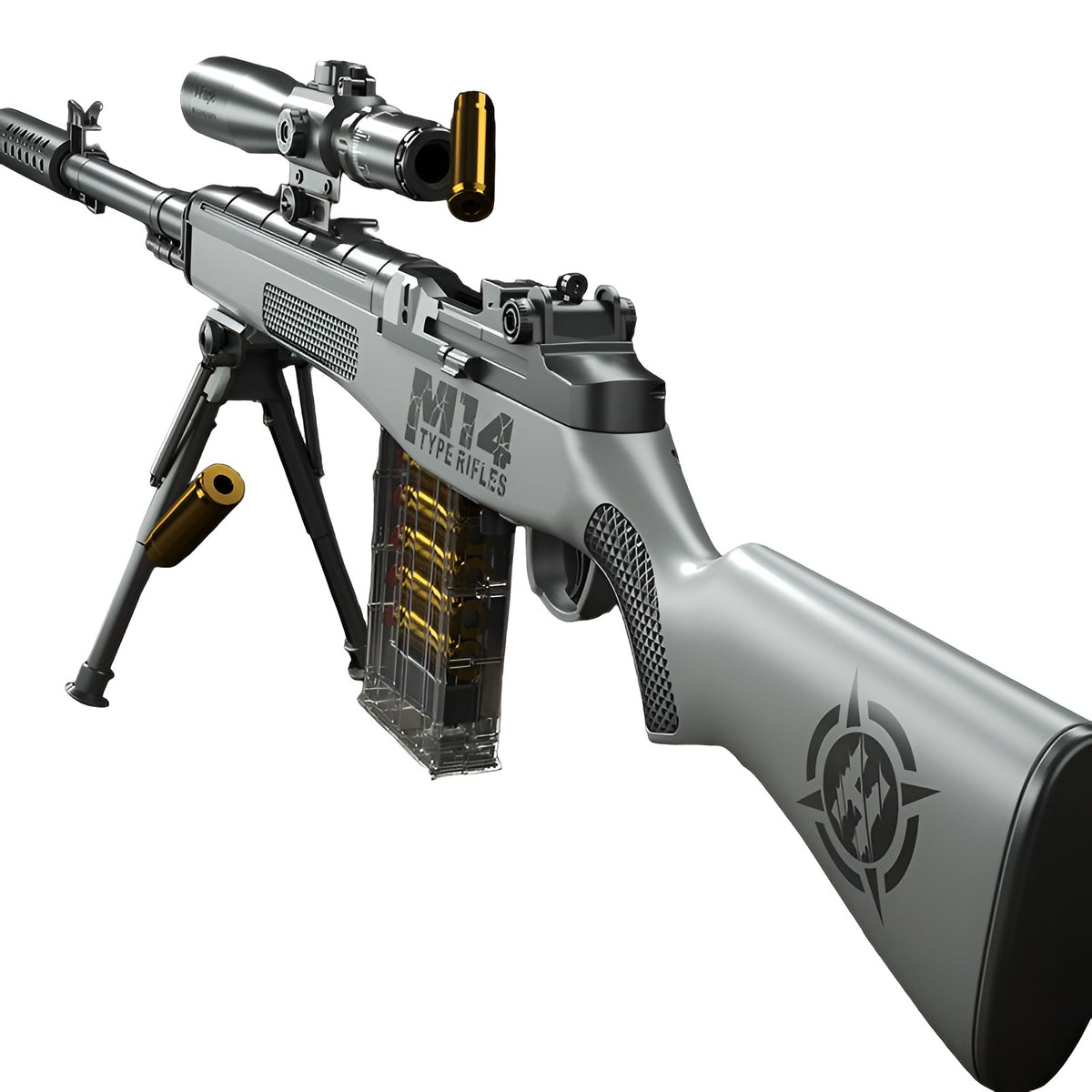 Pusca de Jucarie M14, Sniper cu Luneta si Incarcare Manuala, Replică Militară din Plastic, 100 cm, 20 Proiectile Spuma, 5 Cartuse, 8 ani+, Gri
