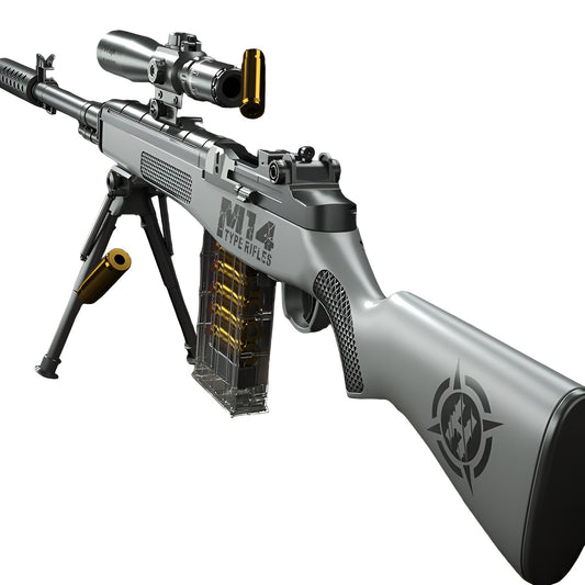 Pusca de Jucarie M14, Sniper cu Luneta si Incarcare Manuala, Replică Militară din Plastic, 100 cm, 20 Proiectile Spuma, 5 Cartuse, 8 ani+, Gri