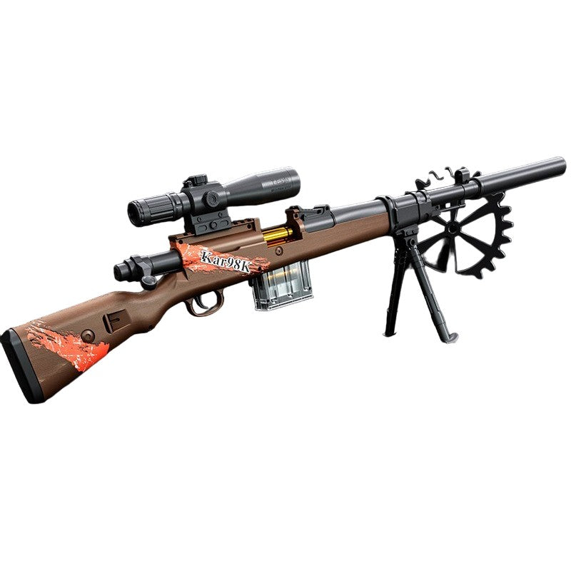 Pusca de Jucarie 98K Ultrarealista, Actionare Manuala cu Luneta, Sniper pentru Copii si Adolescenti, Plastic, 103 cm, include 10 Proiectile Spuma si 5 Cartuse, 14 ani+, Maro