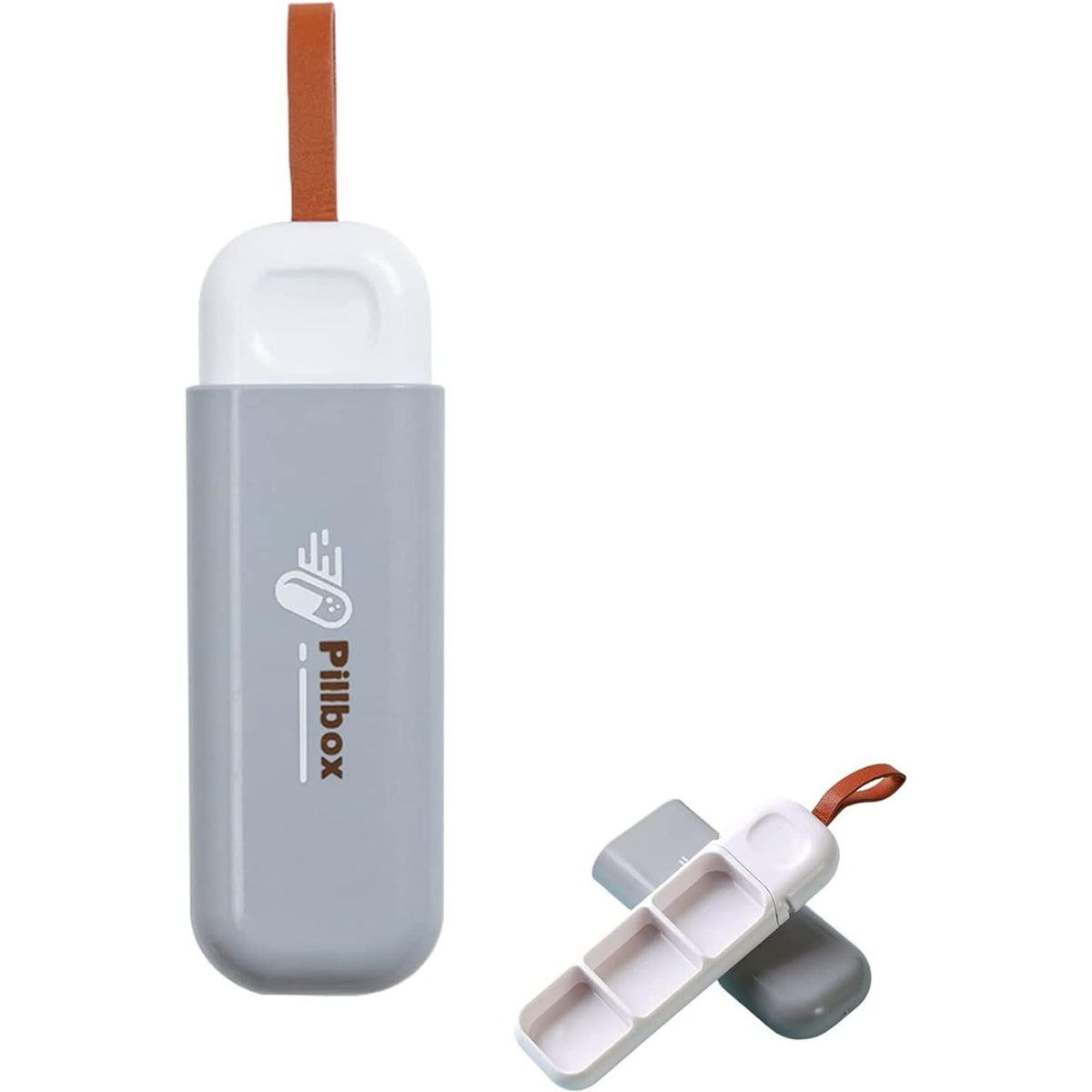 Cutie Depozitare Medicamente, Organizator Pastile Portabil cu 3 Compartimente, Sistem Glisant Push-Pull, Plastic Fara BPA, Tip Breloc cu Snur, Gri, 10.7x3.6x1.6 cm