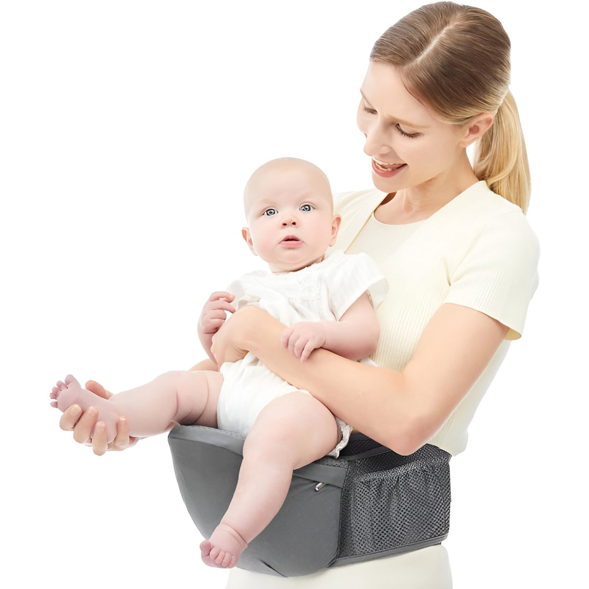 Marsupiu Ergonomic 3in1 pentru Bebelusi si Copii, Scaunel de Sold Pliabil cu Buzunare Laterale, Centura Reglabila, Material Textil, 0-36 Luni, Gri