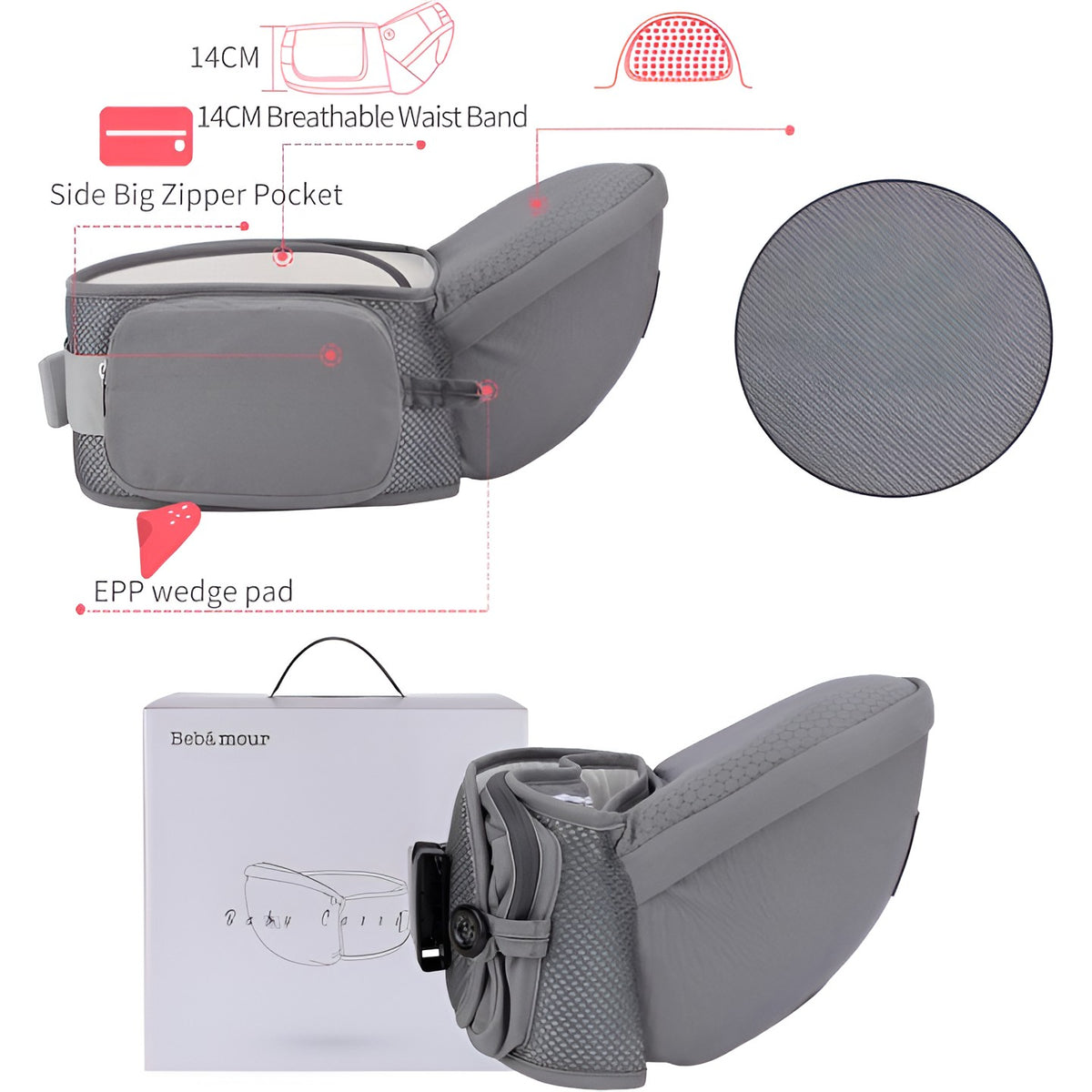 Marsupiu Ergonomic 3in1 pentru Bebelusi si Copii, Scaunel de Sold Pliabil cu Buzunare Laterale, Centura Reglabila, Material Textil, 0-36 Luni, Gri