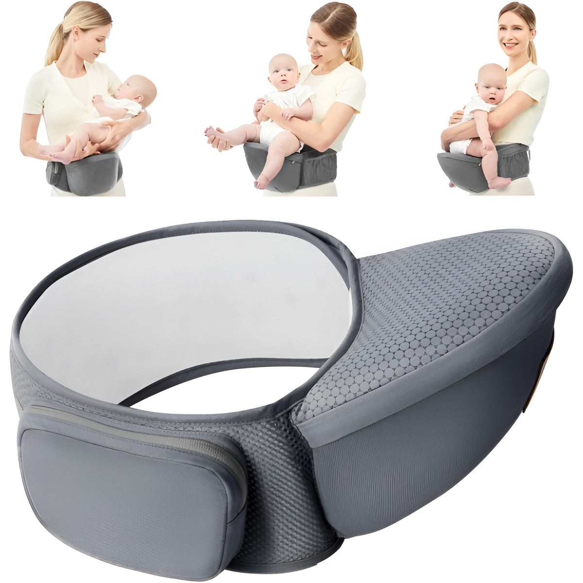 Marsupiu Ergonomic 3in1 pentru Bebelusi si Copii, Scaunel de Sold Pliabil cu Buzunare Laterale, Centura Reglabila, Material Textil, 0-36 Luni, Gri
