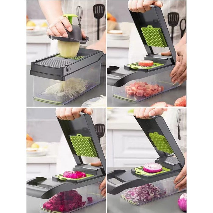 Feliator Multifunctional Pentru Legume Si Fructe, Razatoare 8 In 1, Lame Din Inox 420, Recipient Stocare Si Protectie Mana, ABS, Set 10 Piese, 32.2x11.3 cm, Verde/Gri