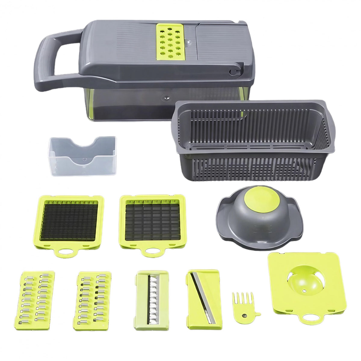 Feliator Multifunctional Pentru Legume Si Fructe, Razatoare 8 In 1, Lame Din Inox 420, Recipient Stocare Si Protectie Mana, ABS, Set 10 Piese, 32.2x11.3 cm, Verde/Gri