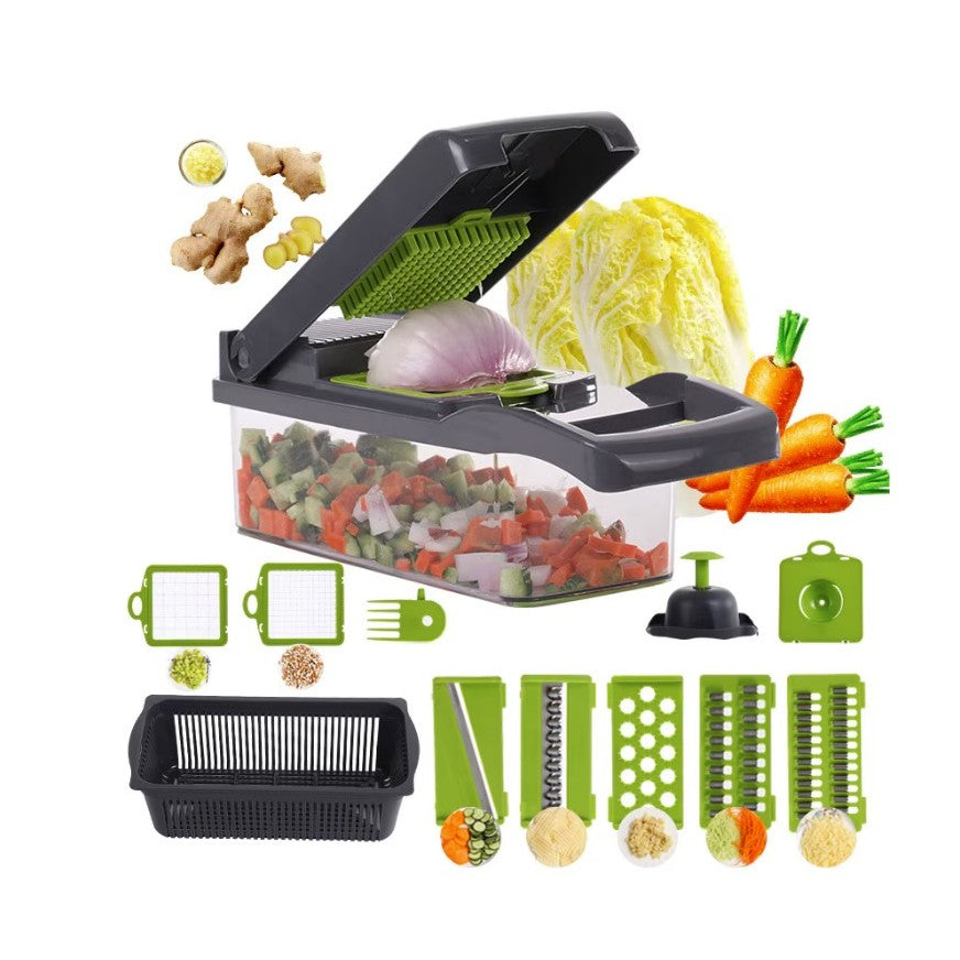 Feliator Multifunctional Pentru Legume Si Fructe, Razatoare 8 In 1, Lame Din Inox 420, Recipient Stocare Si Protectie Mana, ABS, Set 10 Piese, 32.2x11.3 cm, Verde/Gri