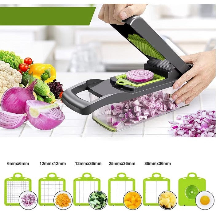 Feliator Multifunctional Pentru Legume Si Fructe, Razatoare 8 In 1, Lame Din Inox 420, Recipient Stocare Si Protectie Mana, ABS, Set 10 Piese, 32.2x11.3 cm, Verde/Gri