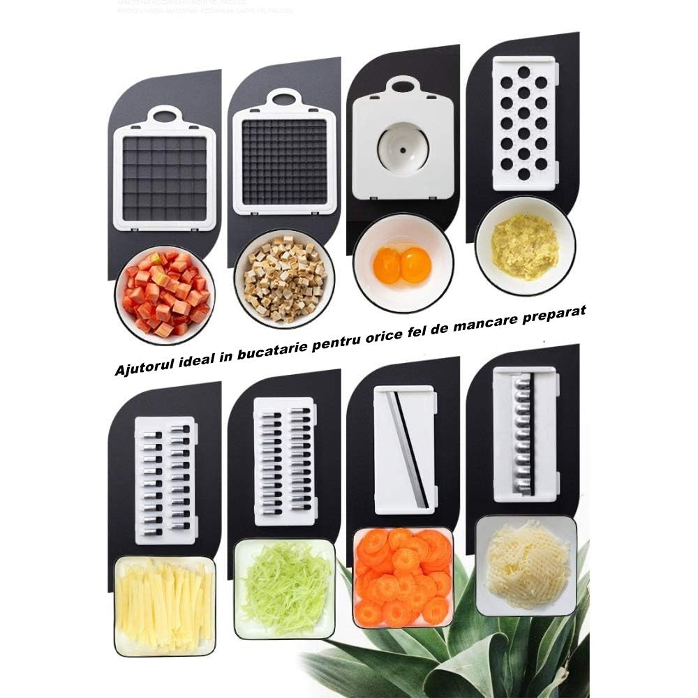 Feliator Multifunctional si Razatoare pentru Legume sau Fructe, 8 in 1, Lame Inox 420 si Recipient Colectare, ABS fara BPA, 10 Piese, 32.2x11.3 cm, Albastru/Alb