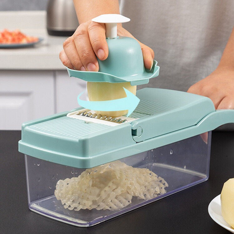 Feliator Multifunctional si Razatoare pentru Legume sau Fructe, 8 in 1, Lame Inox 420 si Recipient Colectare, ABS fara BPA, 10 Piese, 32.2x11.3 cm, Albastru/Alb