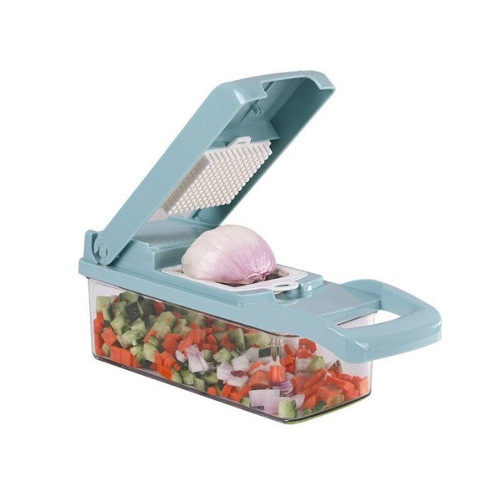 Feliator Multifunctional si Razatoare pentru Legume sau Fructe, 8 in 1, Lame Inox 420 si Recipient Colectare, ABS fara BPA, 10 Piese, 32.2x11.3 cm, Albastru/Alb